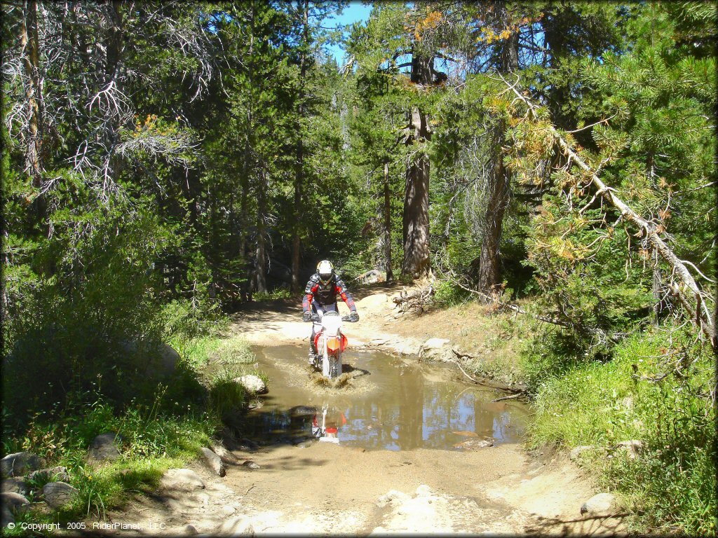 Honda CRF Motorbike traversing the water at Lower Blue Lake Trail