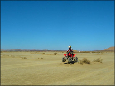 Woman on Honda TRX 250 ATV getting a little air from a small hill.