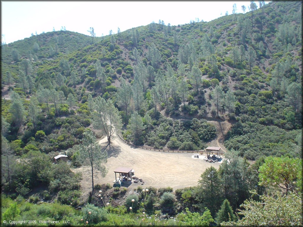 A scenic top down view of the of the campground and the ATV staging area.